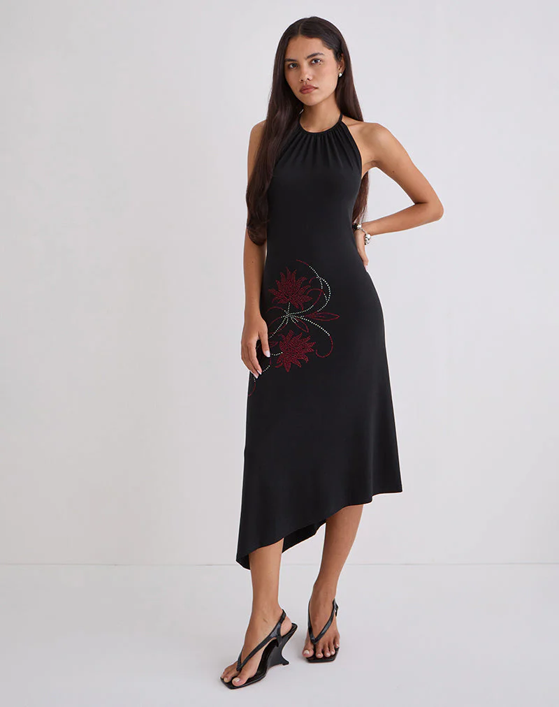 Zavine Midikleid aus Cupro mit Diamante-Blume in Schwarz