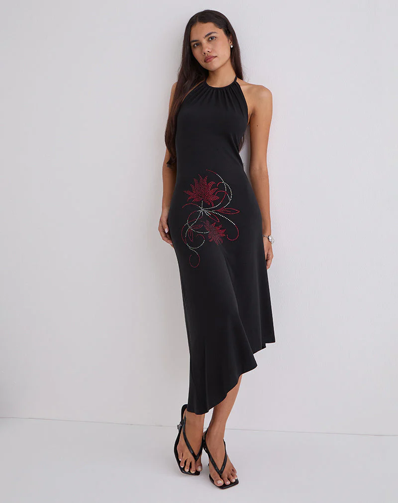 Zavine Midikleid aus Cupro mit Diamante-Blume in Schwarz - Image 5