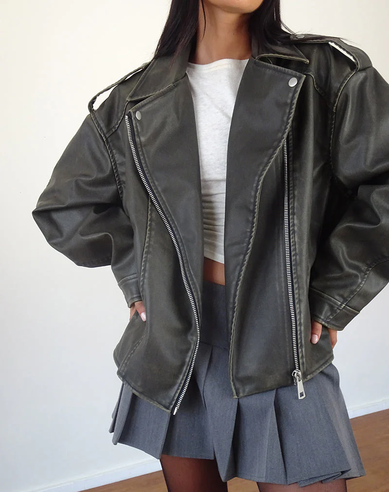 Zebbie Distressed Biker Jacke in Olive - Image 3
