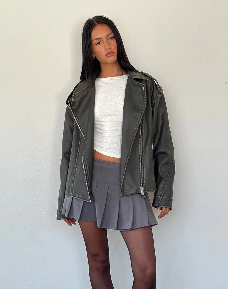 Zebbie Distressed Biker Jacke in Olive - Image 4