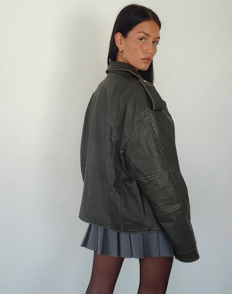 Zebbie Distressed Biker Jacke in Olive - Image 6