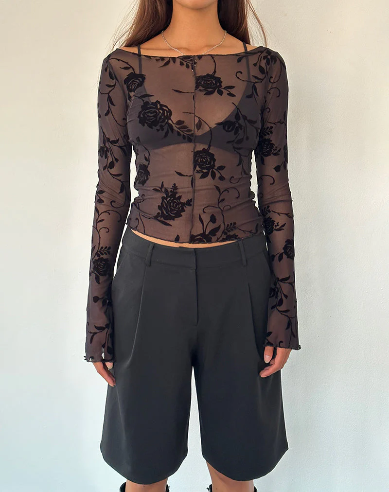 Zerlin Ungefüttertes langärmeliges Top in Rose Flock Schwarz - Image 3