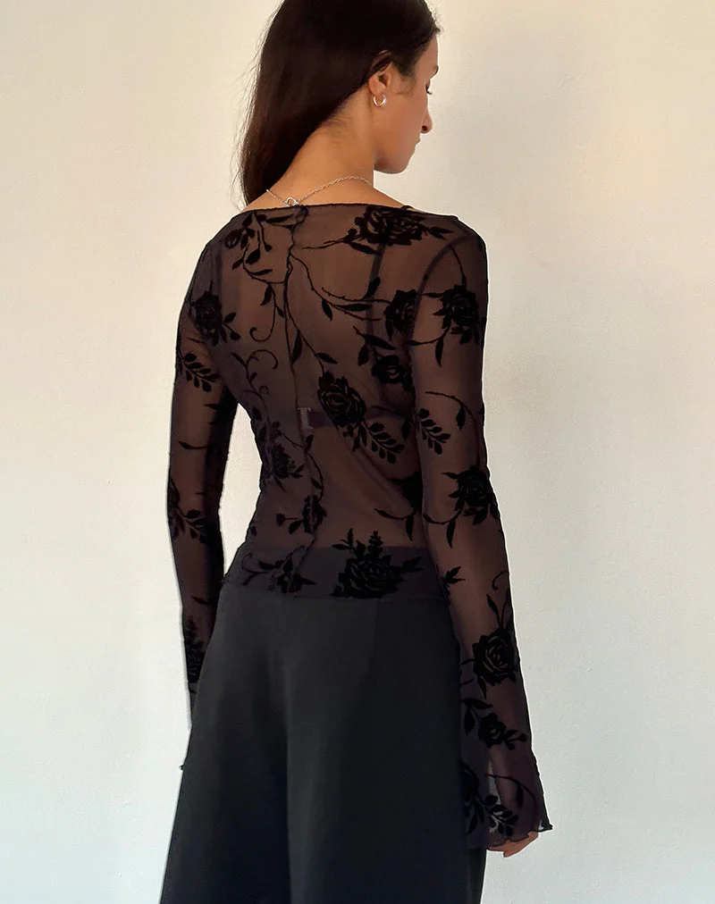Zerlin Ungefüttertes langärmeliges Top in Rose Flock Schwarz - Image 4