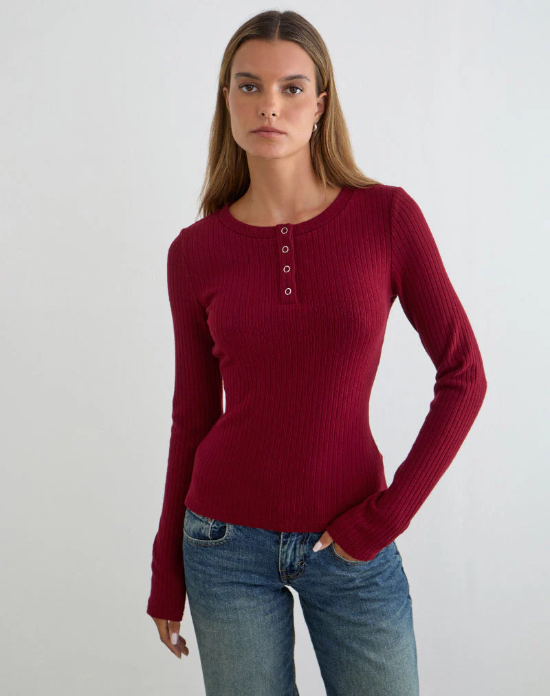 Zinta Langarm-Hemdbluse aus Rippstrick in Dunkelrotbraun