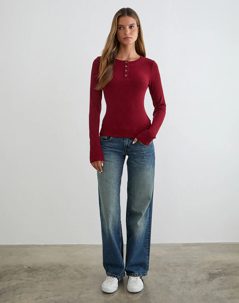 Zinta Langarm-Hemdbluse aus Rippstrick in Dunkelrotbraun - Image 3