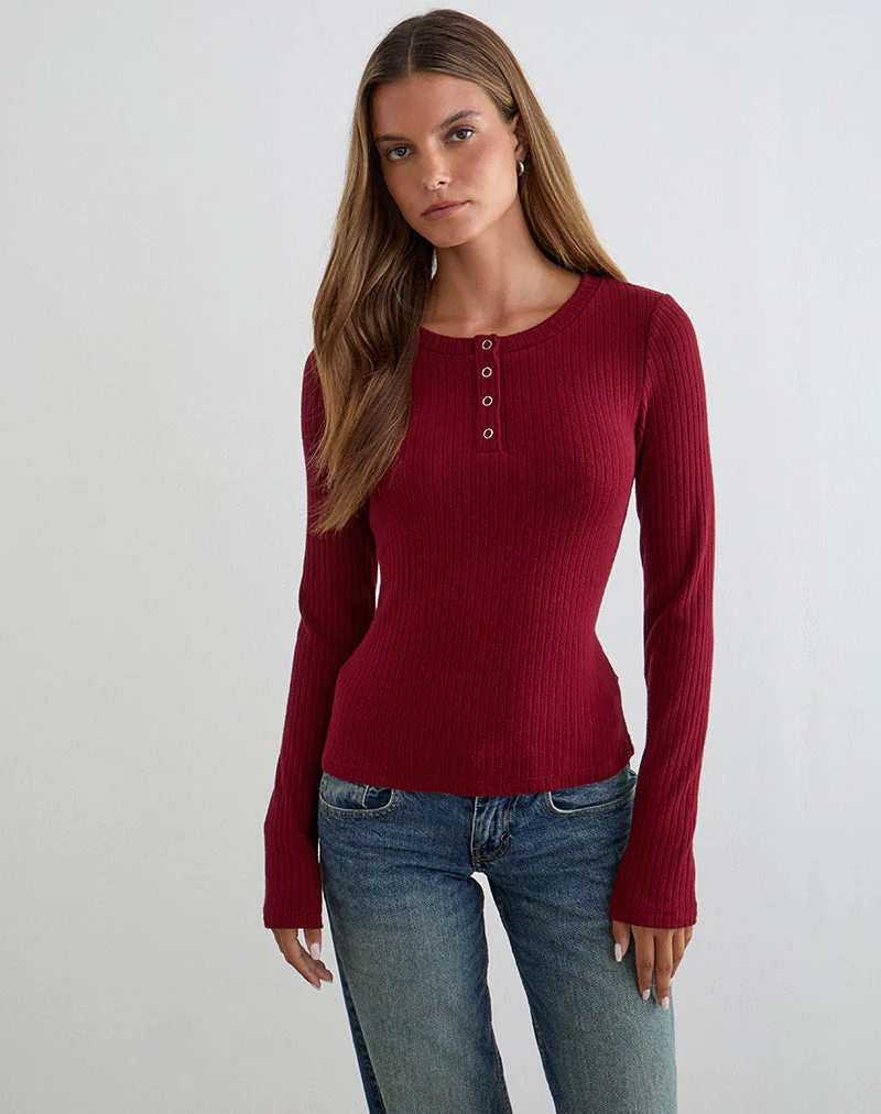 Zinta Langarm-Hemdbluse aus Rippstrick in Dunkelrotbraun - Image 4
