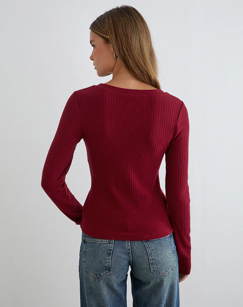 Zinta Langarm-Hemdbluse aus Rippstrick in Dunkelrotbraun - Image 5