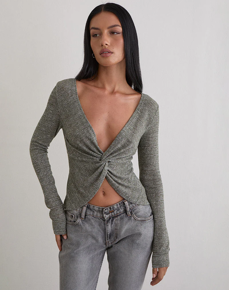 Zoril Twist Top in Glitzerstrick Khaki